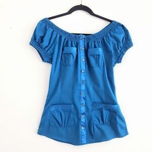 2/$35 Sale BIZZ Girl  PETITE Off the Shoulder Top Aqua Blue Size S